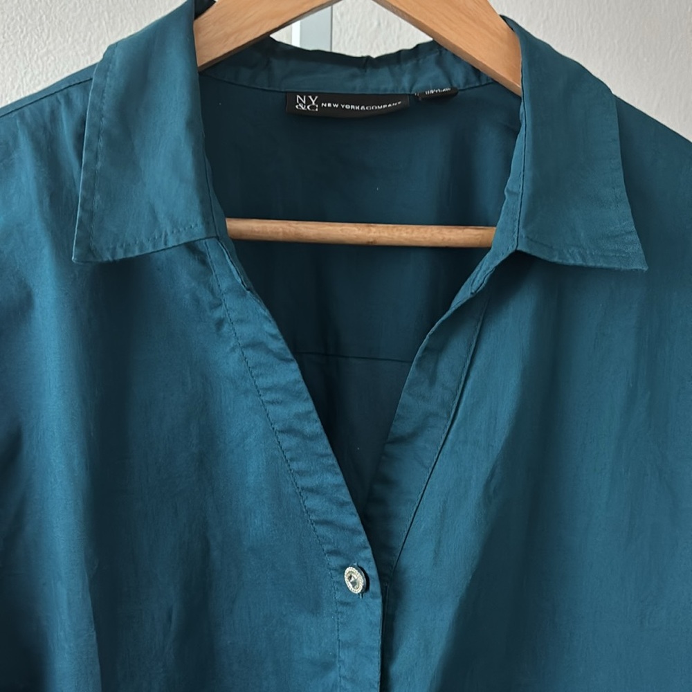Teal Long Sleeve Blouse XXL Rhinestone Buttons Office Chic Minimalist Workwear - Picture 10 of 15
